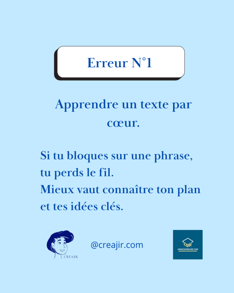 Erreur N°1: Apprendre un texte par cœur — conseils pour ne pas bloquer sur une phrase; logos CREAJIR et COSI en bas.