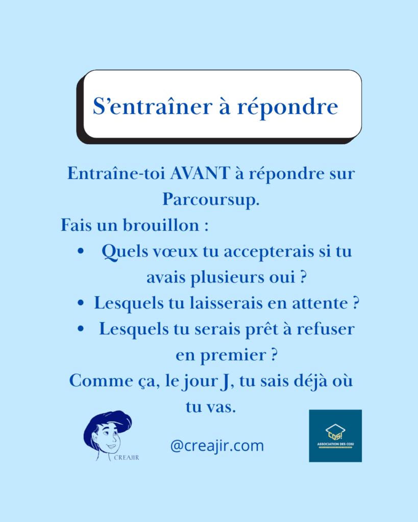 Blue informational poster in French: 'S’entraîner à répondre' with bullet questions about Parcoursup and logos at the bottom.