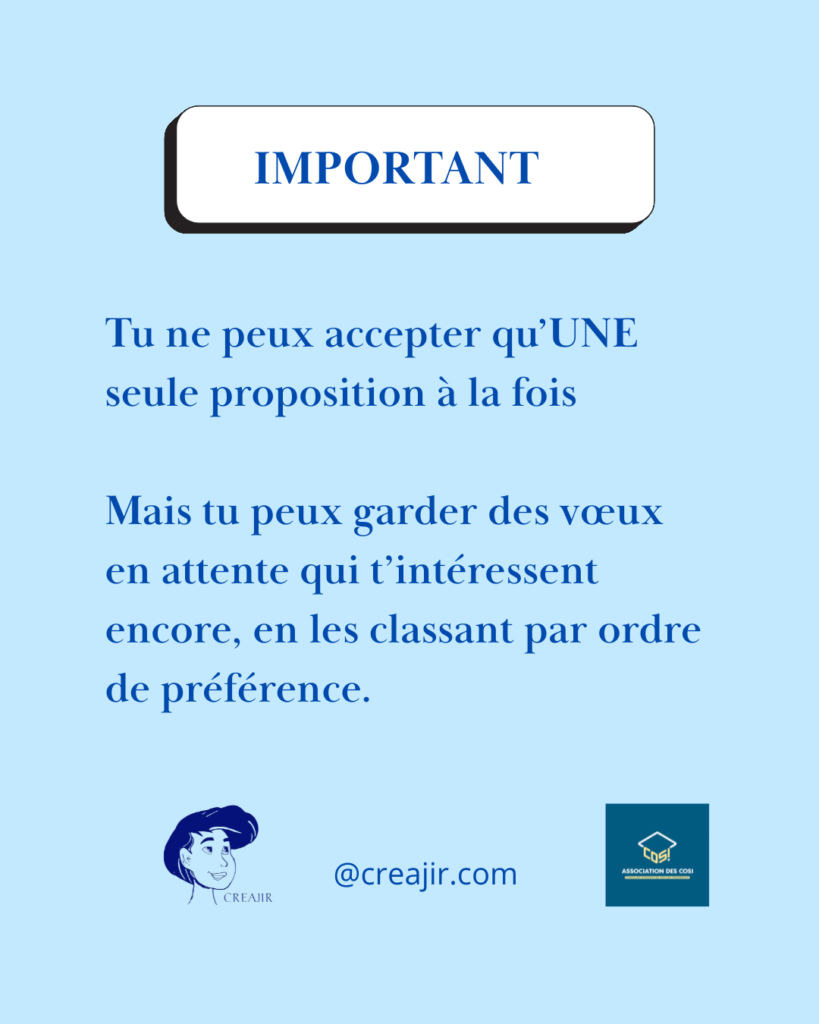 Important French poster: you can’t accept two proposals at once; keep others in order of preference. CREAJIR and COSI logos, @creajir.com.