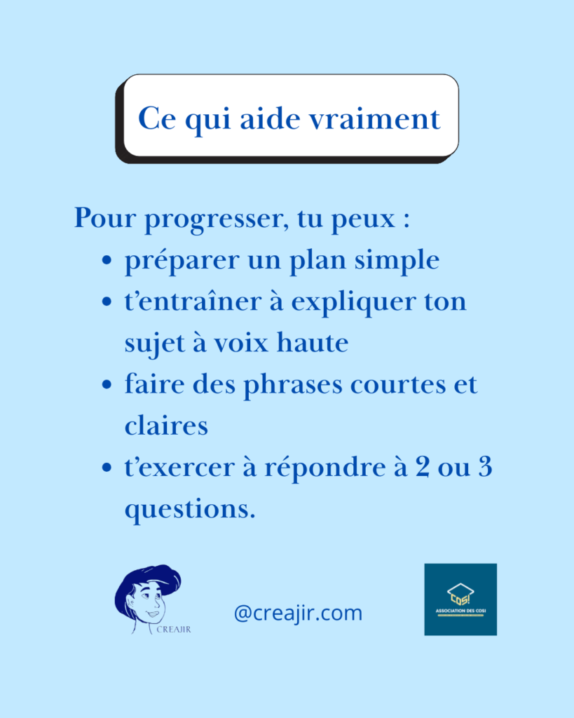 Poster bleu clair avec le titre 'Ce qui aide vraiment' et une liste d’astuces pour progresser: plan simple, parler à voix haute, phrases courtes et claires, réponses à 2–3 questions; logos CREAJIR et COSI en bas.