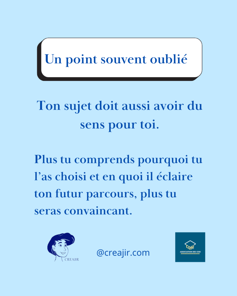 Blue poster with a white rounded-rectangle quote: 'Un point souvent oublié'. The message encourages choosing topics that have personal meaning, with CREAJIR and @creajir.com logos at the bottom and a blue square logo on the right.