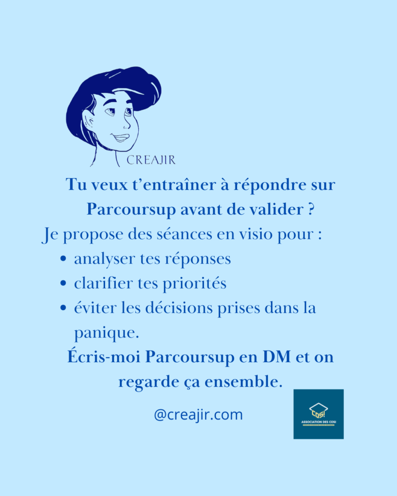 Light blue poster offering online Parcoursup coaching: counseling bullets, contact @creajir.com, with CREAJIR drawing and a small logo at bottom right.