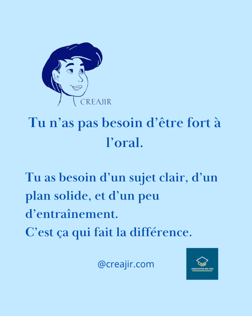 Light blue poster with a dark blue illustrated woman's head and the word CREAJIR; long French quote about oral communication, a website handle @creajir.com, and a small square logo in the bottom right.