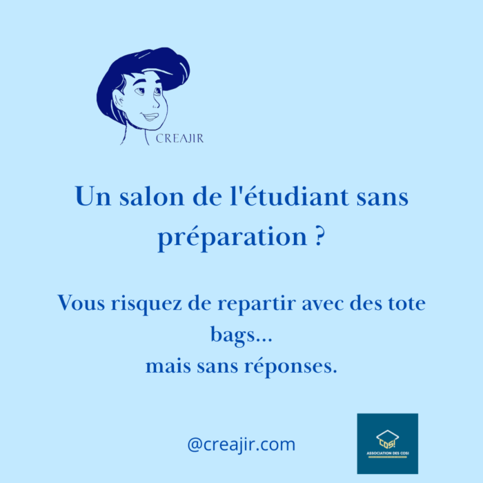 Blue poster with a cartoon head logo, French text promoting preparation for a student fair; includes @creajir.com and a COSI logo in the corner.