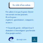 Poster bleu clair: 'Le rôle d'un salon' avec texte guidant l'exploration et la préparation de 2-3 domaines, logos CREAJIR et COSI en bas à droite et gauche.