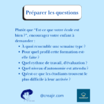 Slide 'Préparer les questions' en bleu sur fond bleu, listant cinq questions sur une formation (rythme, autonomie, attentes) avec les logos CREAJIR et COSI et le contact @creajir.com.