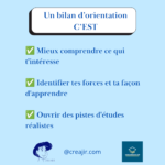 Poster informatif sur un bilan d'orientation: accès à des repères pour mieux comprendre ses intérêts et forces et ouvrir des pistes d'études réalistes (avec logos et contact)