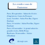 Affiche bleu clair annonçant les rendez-vous de l'automne: liste d'événements à Paris et logos CREAJIR et COS, avec l'URL @creajir.com.