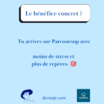 Graphic blue background with a white rounded-rectangle banner reading 'Le bénéfice concret ?'. Below it: 'Tu arrives sur Parcoursup avec moins de stress et plus de repères.' and a target emoji. Bottom left shows the CREAJIR logo, center text '@creajir.com', bottom right shows the COSI (Association des COSI) logo.