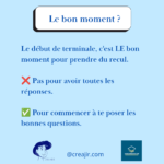 Graphic in blue tones with the title 'Le bon moment ?' and French guidance: 'Le début de terminale, c'est LE bon moment pour prendre du recul. Pas pour avoir toutes les réponses. Pour commencer à te poser les bonnes questions.' Includes a red X and a green check, plus CREAJIR and COS logos at the bottom.