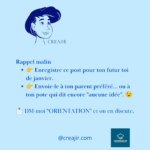 Blue poster featuring a stylized line drawing of a woman's head, with the heading 'Rappel malin' and two bullet suggestions in French, plus a 'DM-moi' line, the handle '@creajir.com' and a COS logo in the bottom-right.