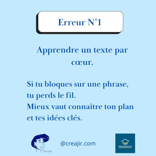 Erreur N°1: Apprendre un texte par cœur — conseils pour ne pas bloquer sur une phrase; logos CREAJIR et COSI en bas.