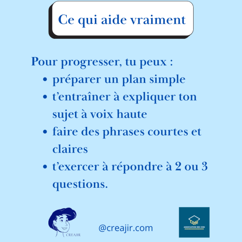 Poster bleu clair avec le titre 'Ce qui aide vraiment' et une liste d’astuces pour progresser: plan simple, parler à voix haute, phrases courtes et claires, réponses à 2–3 questions; logos CREAJIR et COSI en bas.