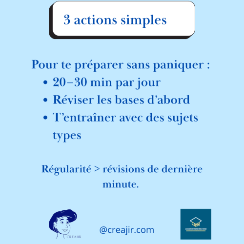 Affiche bleu clair: '3 actions simples' et conseils pour préparer sans paniquer, avec les logos CREAJIR et COSI.