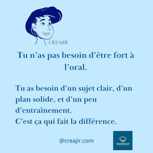 Light blue poster with a dark blue illustrated woman's head and the word CREAJIR; long French quote about oral communication, a website handle @creajir.com, and a small square logo in the bottom right.