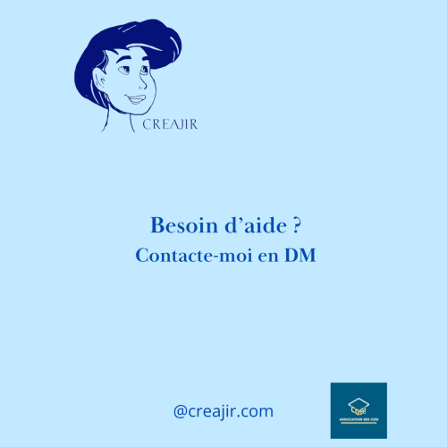 Light-blue poster offering help: illustration of a woman's head with a CREAJIR logo, French text 'Besoin d’aide ? Contacte-moi en DM', and the handle '@creajir.com' with a small COSi association logo in the bottom-right.